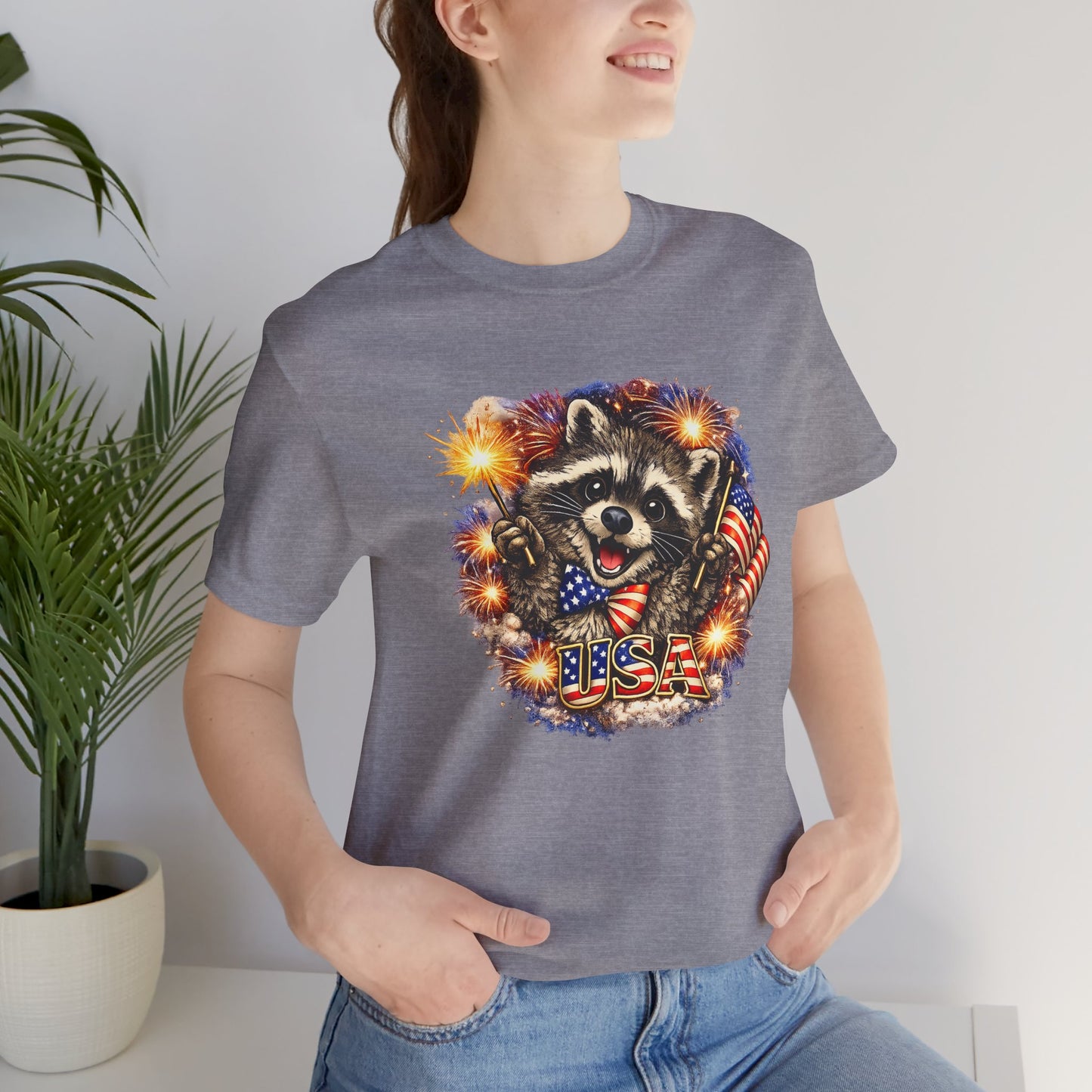 Patriot Raccoon 250th Anniversary T-Shirt — 4th of July Fireworks Flag Tee