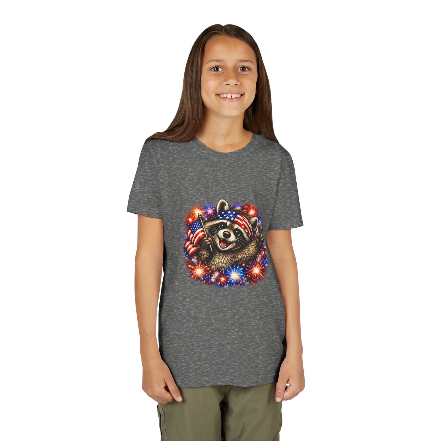 Patriotic Raccoon Youth Tee — Raccoon with American Flag & Fireworks