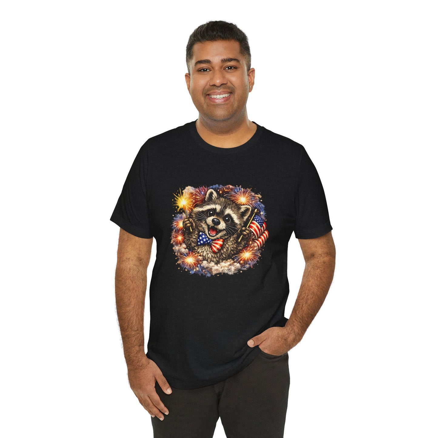 Patriot Raccoon 250th Anniversary T-Shirt — 4th of July Fireworks Flag Tee