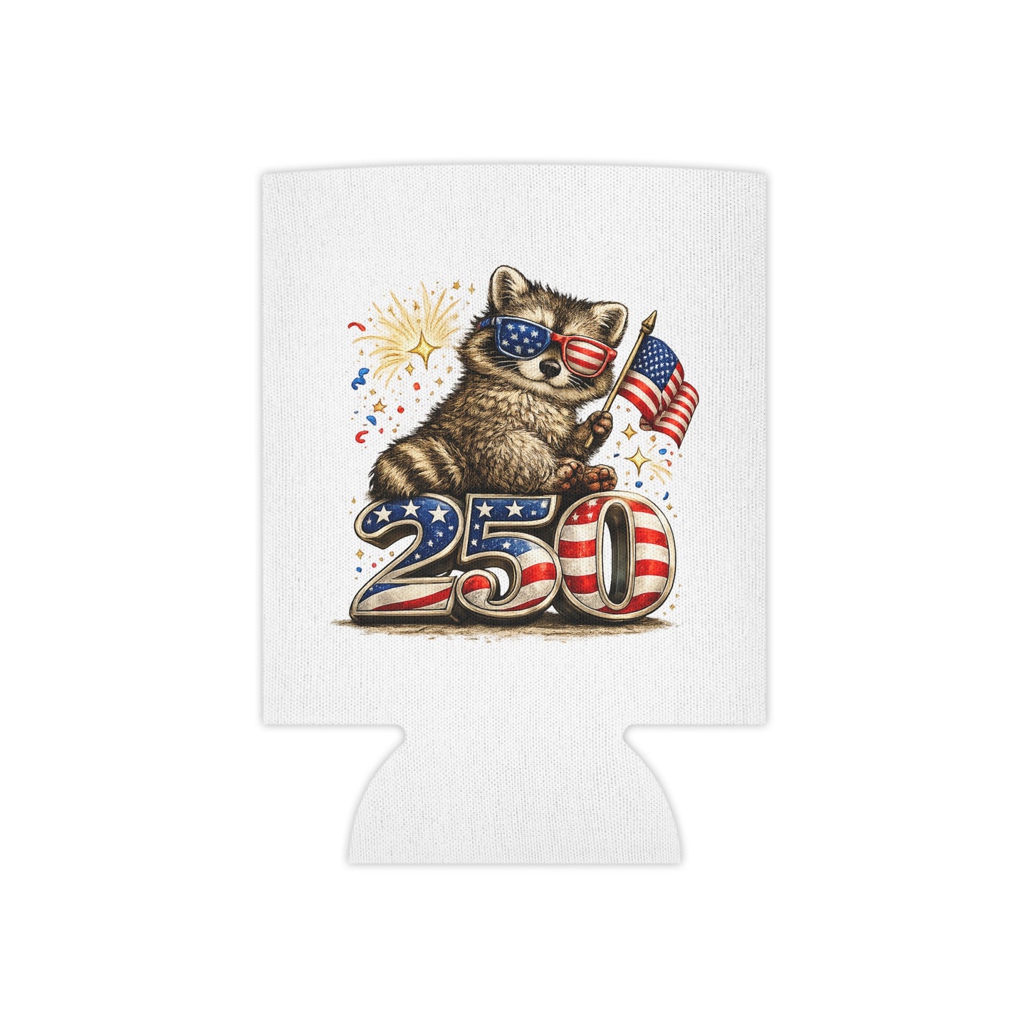 Patriotic Raccoon 250 Can Cooler – USA Flag, 4th of July Drink Koozie
