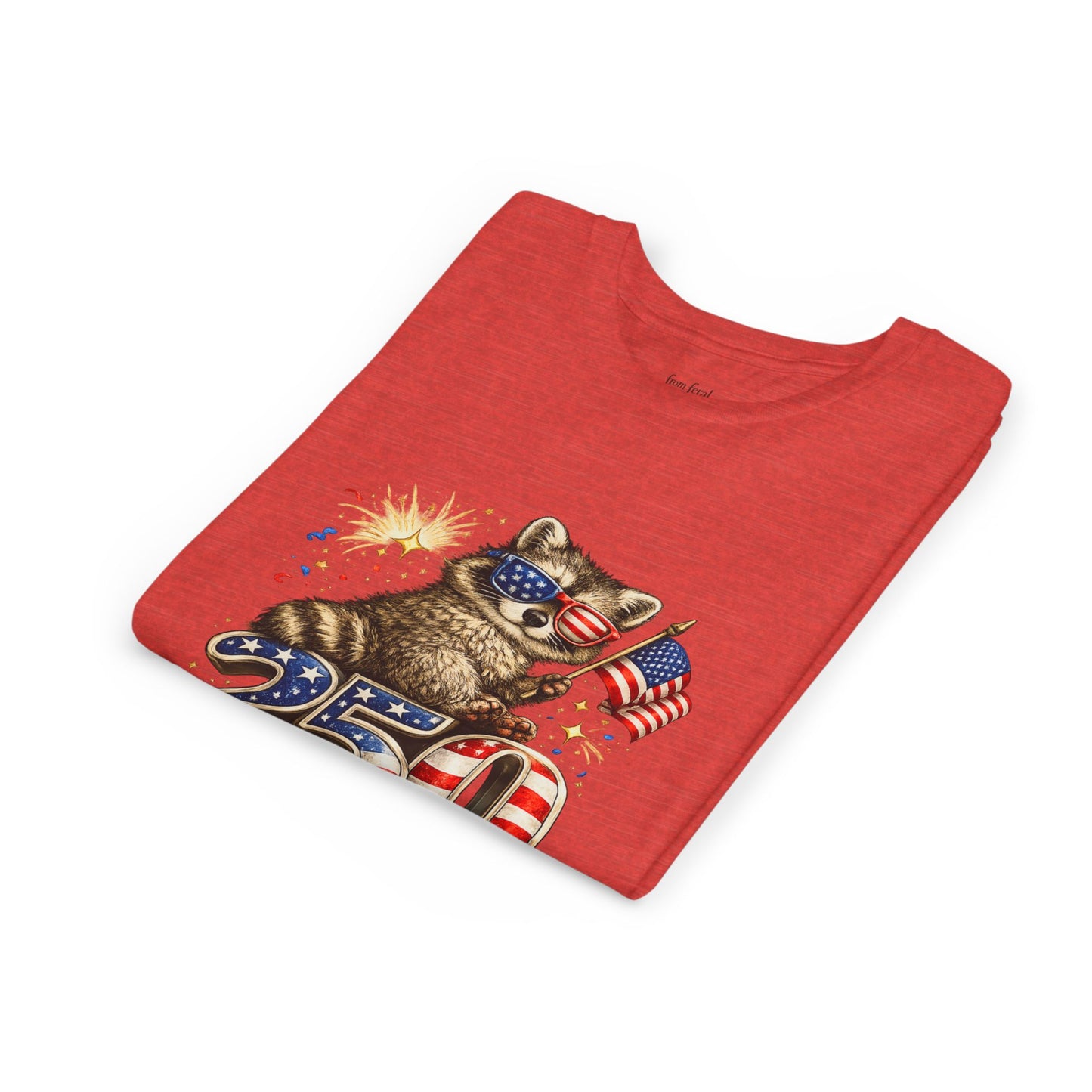 Patriotic Raccoon Youth Tee — Raccoon with American Flag & Fireworks