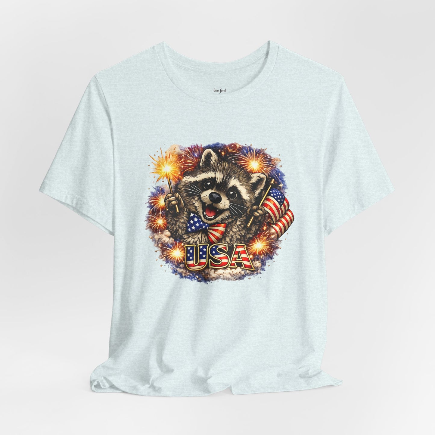 Patriot Raccoon 250th Anniversary T-Shirt — 4th of July Fireworks Flag Tee