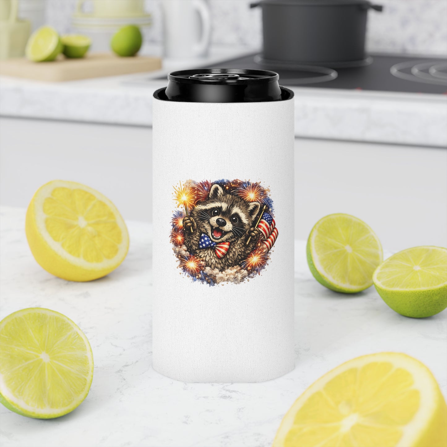 Patriotic Raccoon 250 Can Cooler – USA Flag, 4th of July Drink Koozie