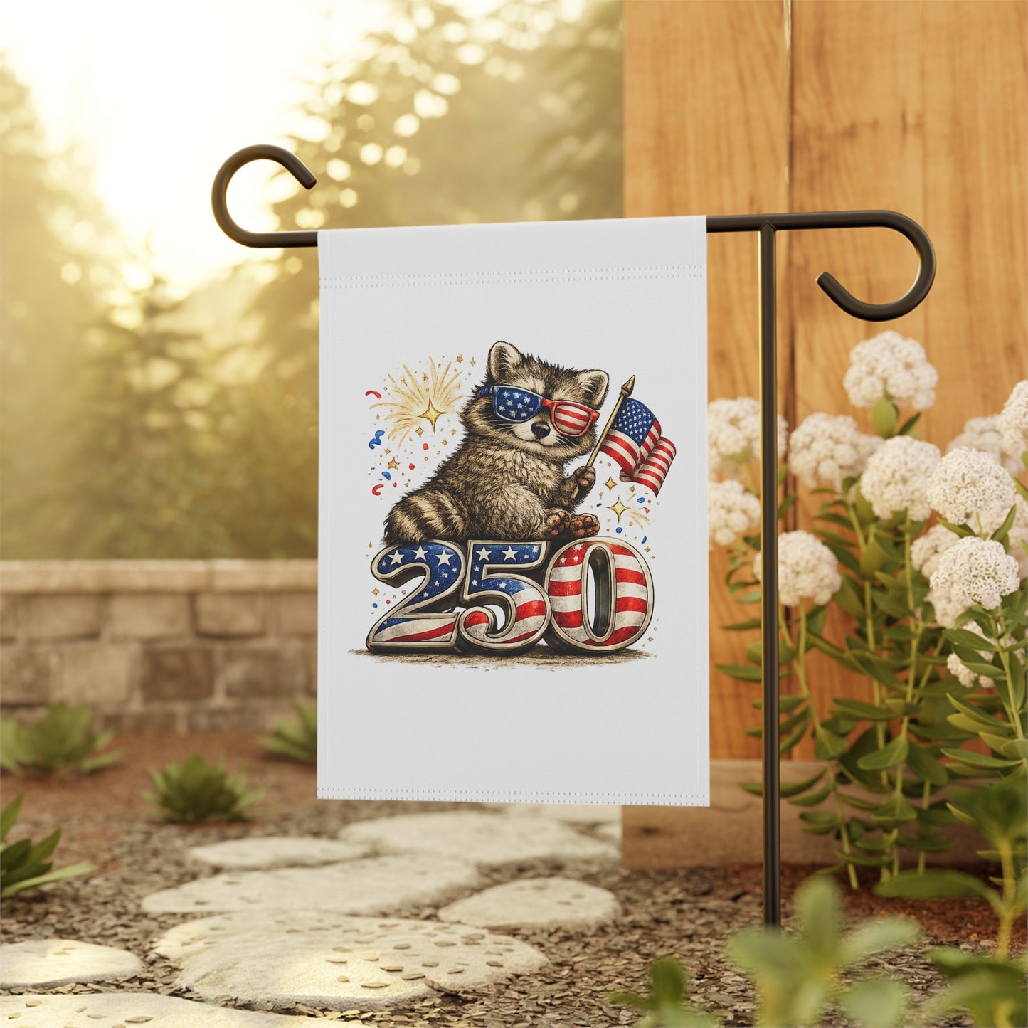 Patriotic Raccoon 250 Garden Flag — 4th of July House Banner