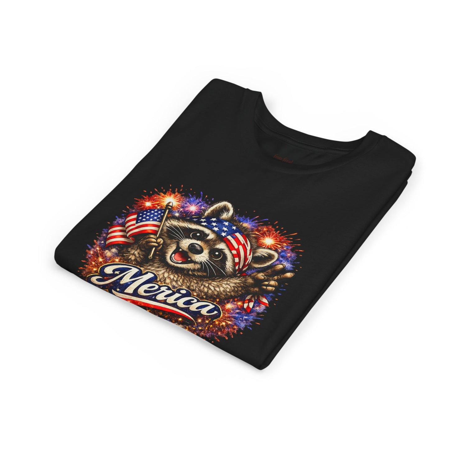 Patriotic Raccoon Youth Tee — Raccoon with American Flag & Fireworks