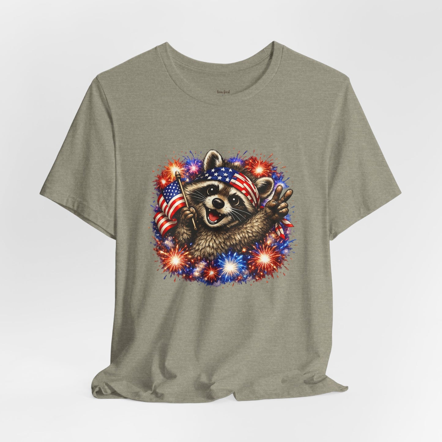 Patriot Raccoon 250th Anniversary T-Shirt — 4th of July Fireworks Flag Tee