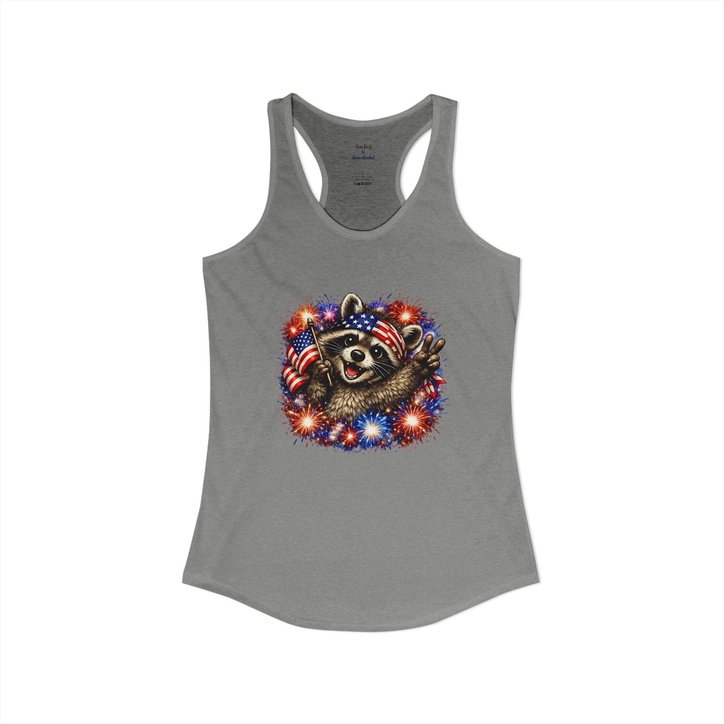 Patriotic Raccoon 4th of July Tank — Raccoon with Flag & Fireworks Racerback Tank