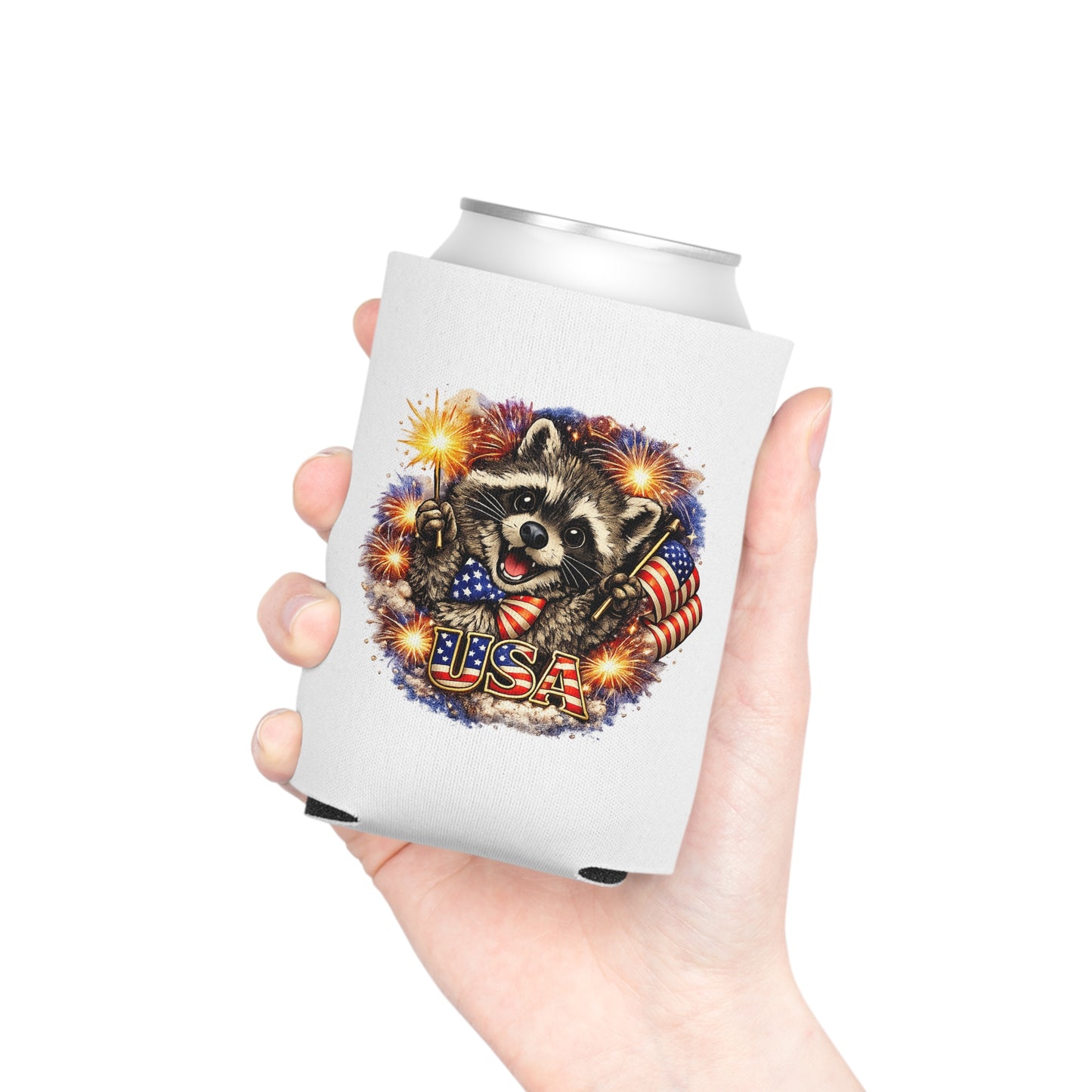 Patriotic Raccoon 250 Can Cooler – USA Flag, 4th of July Drink Koozie