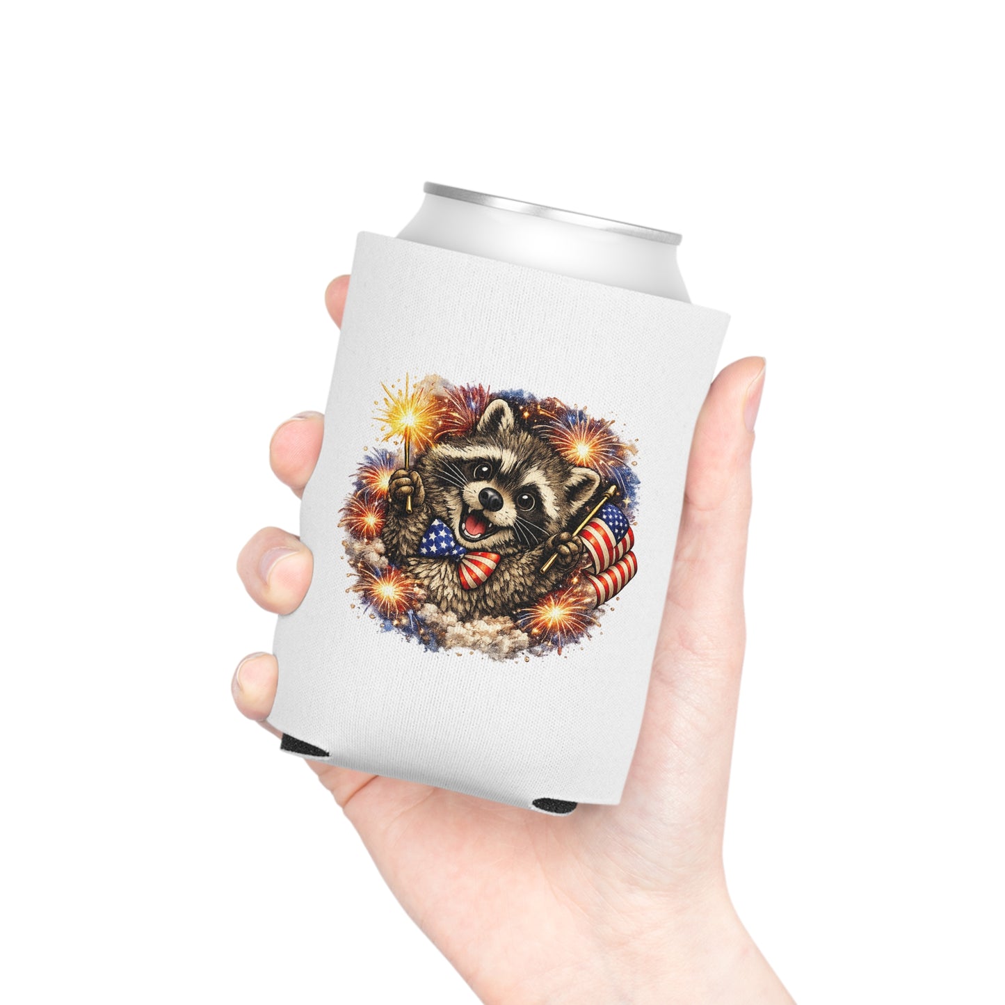 Patriotic Raccoon 250 Can Cooler – USA Flag, 4th of July Drink Koozie