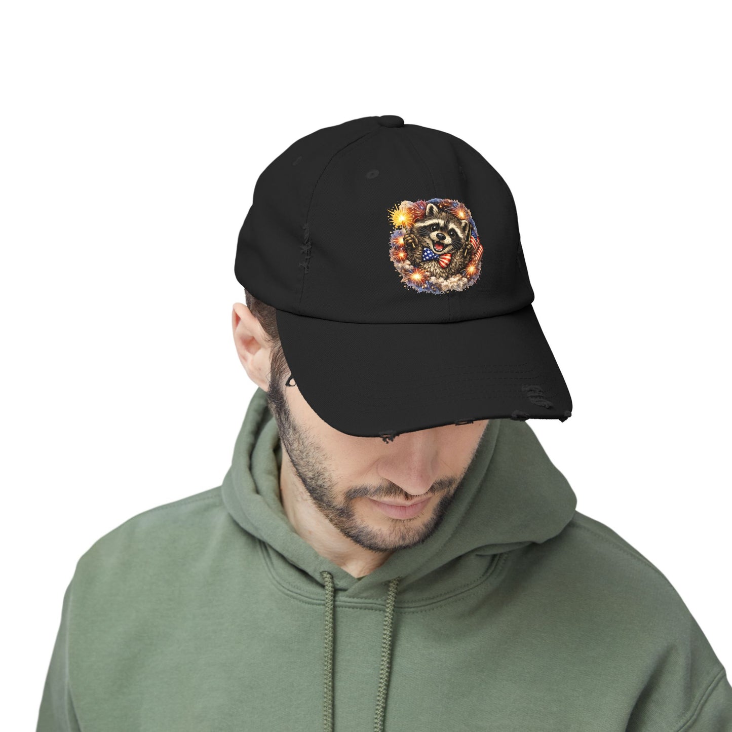 Patriotic Raccoon 250 Cap — Fireworks & Flag Distressed Baseball Hat