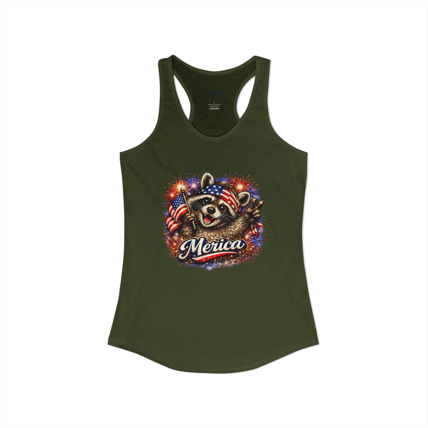 Patriotic Raccoon 4th of July Tank — Raccoon on 250 with Flag & Fireworks Racerback Tank