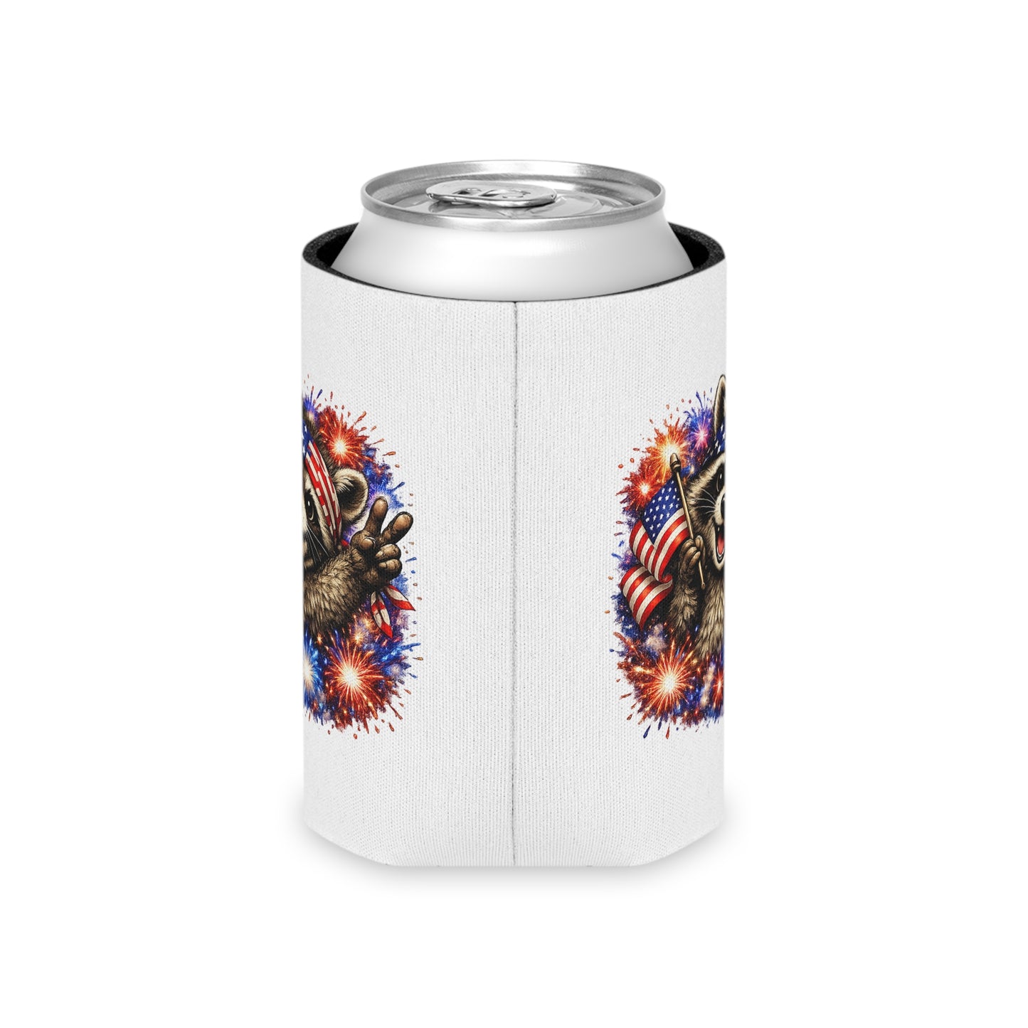 Patriotic Raccoon 250 Can Cooler – USA Flag, 4th of July Drink Koozie