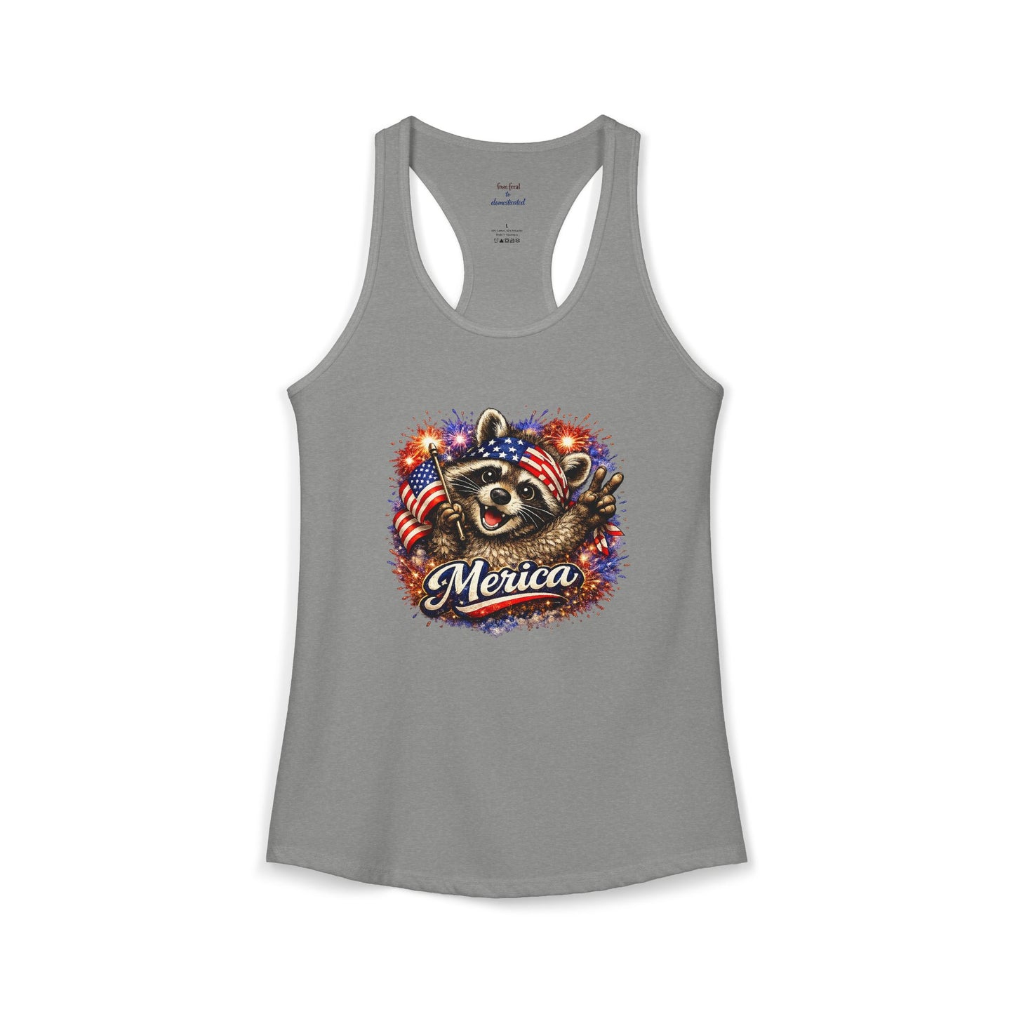 Patriotic Raccoon 4th of July Tank — Raccoon on 250 with Flag & Fireworks Racerback Tank