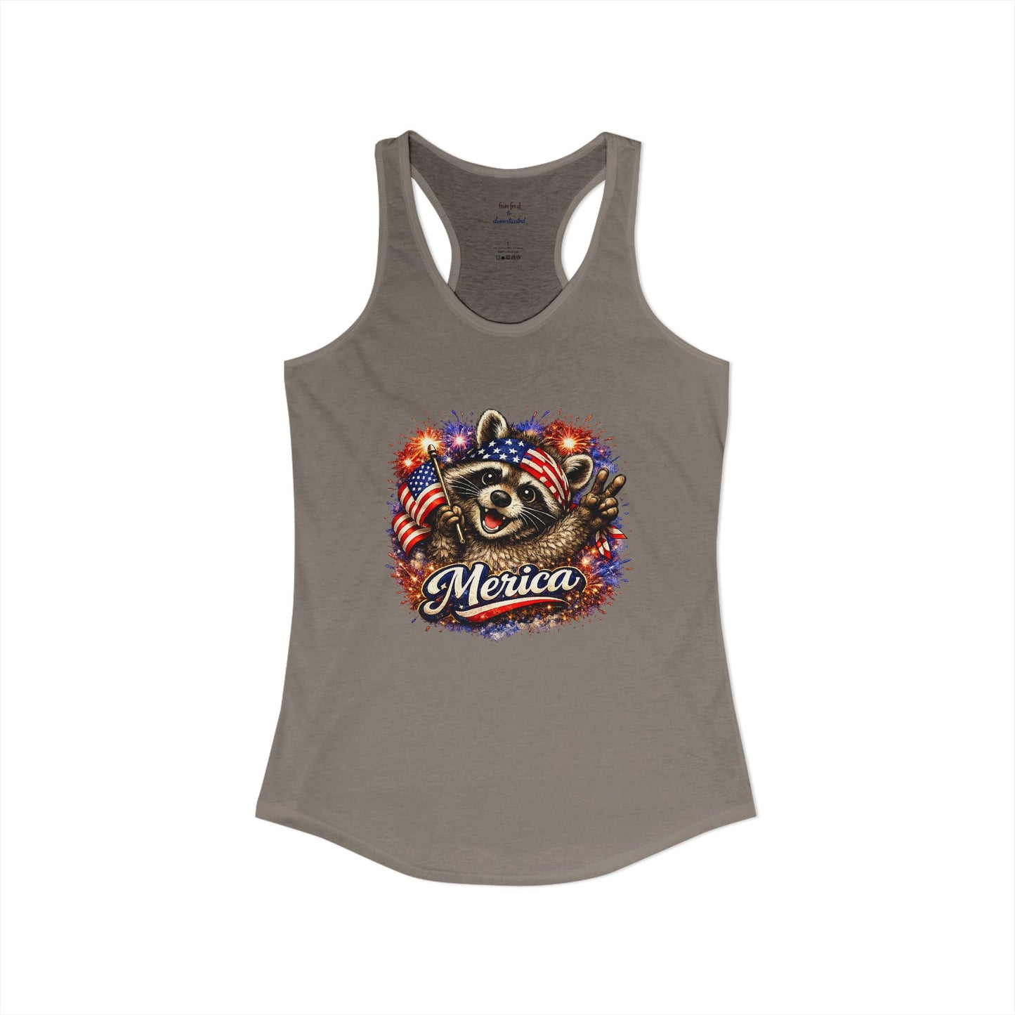Patriotic Raccoon 4th of July Tank — Raccoon on 250 with Flag & Fireworks Racerback Tank