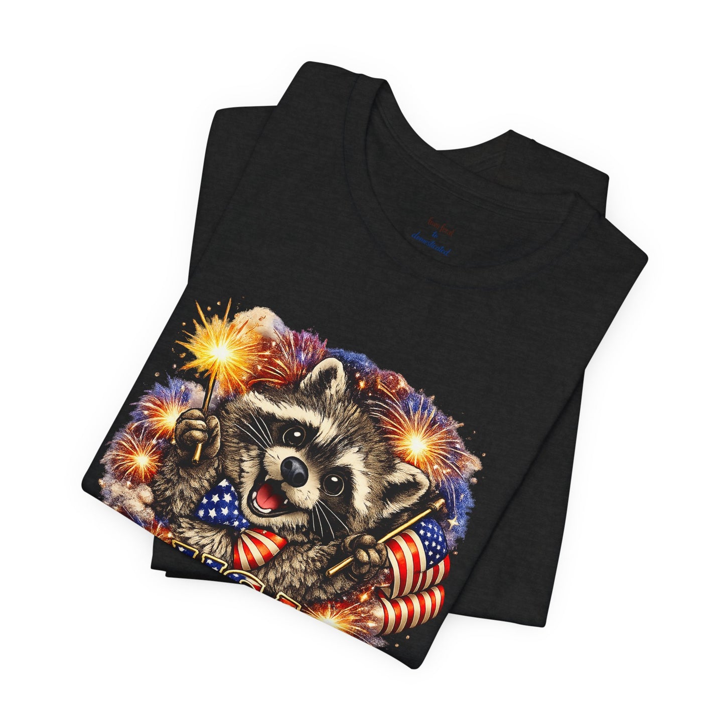 Patriot Raccoon 250th Anniversary T-Shirt — 4th of July Fireworks Flag Tee