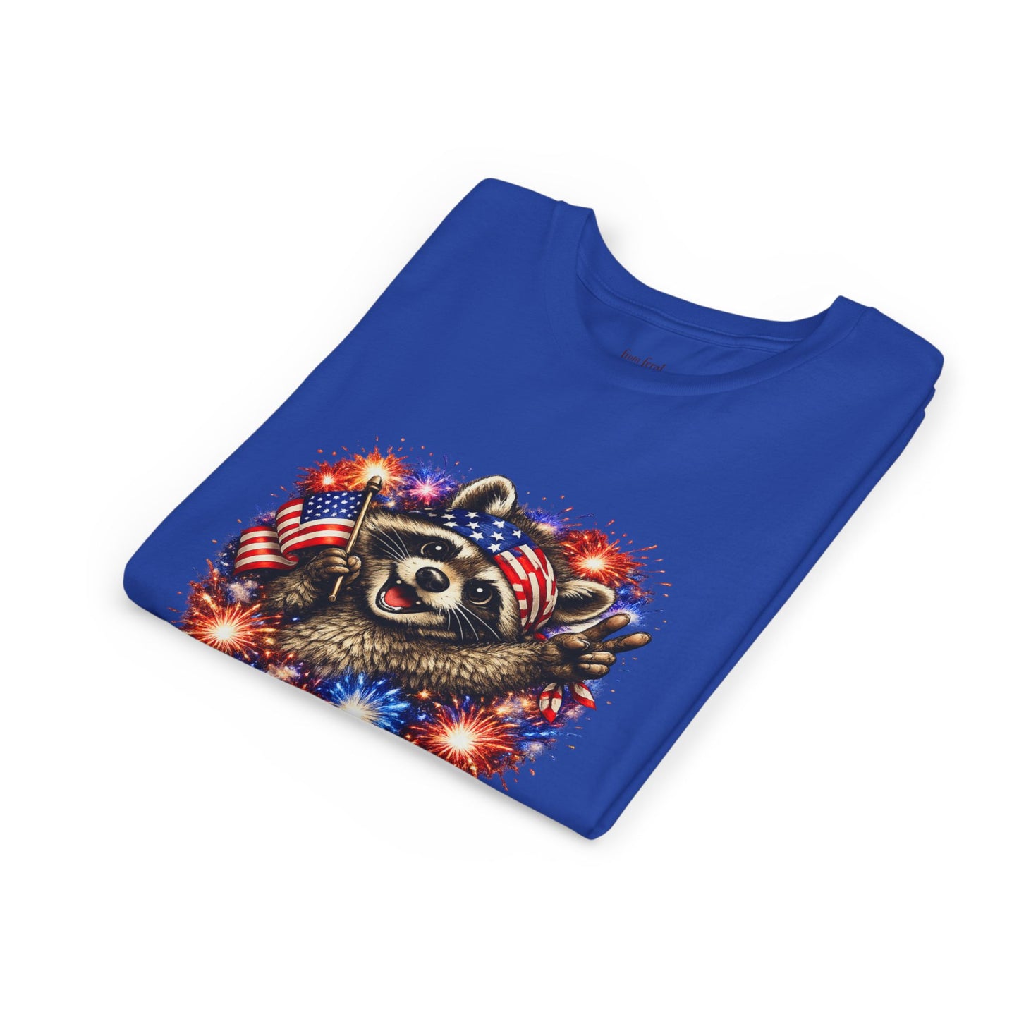 Patriotic Raccoon Youth Tee — Raccoon with American Flag & Fireworks