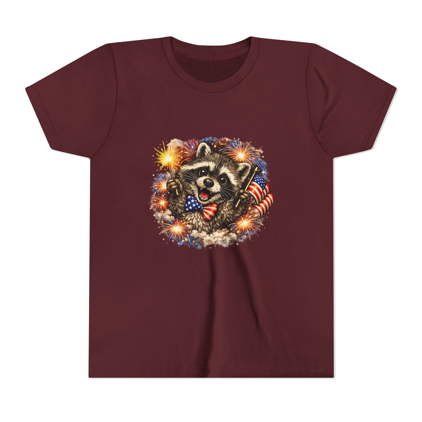 Patriotic Raccoon Youth Tee — Raccoon with American Flag & Fireworks