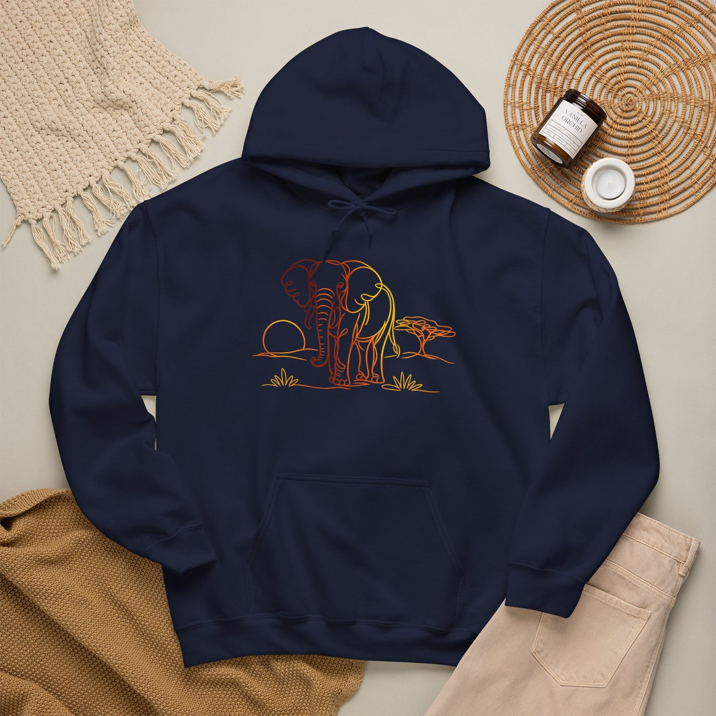 Elephant Sunset Hoodie — Minimal Safari Graphic Hooded Sweatshirt