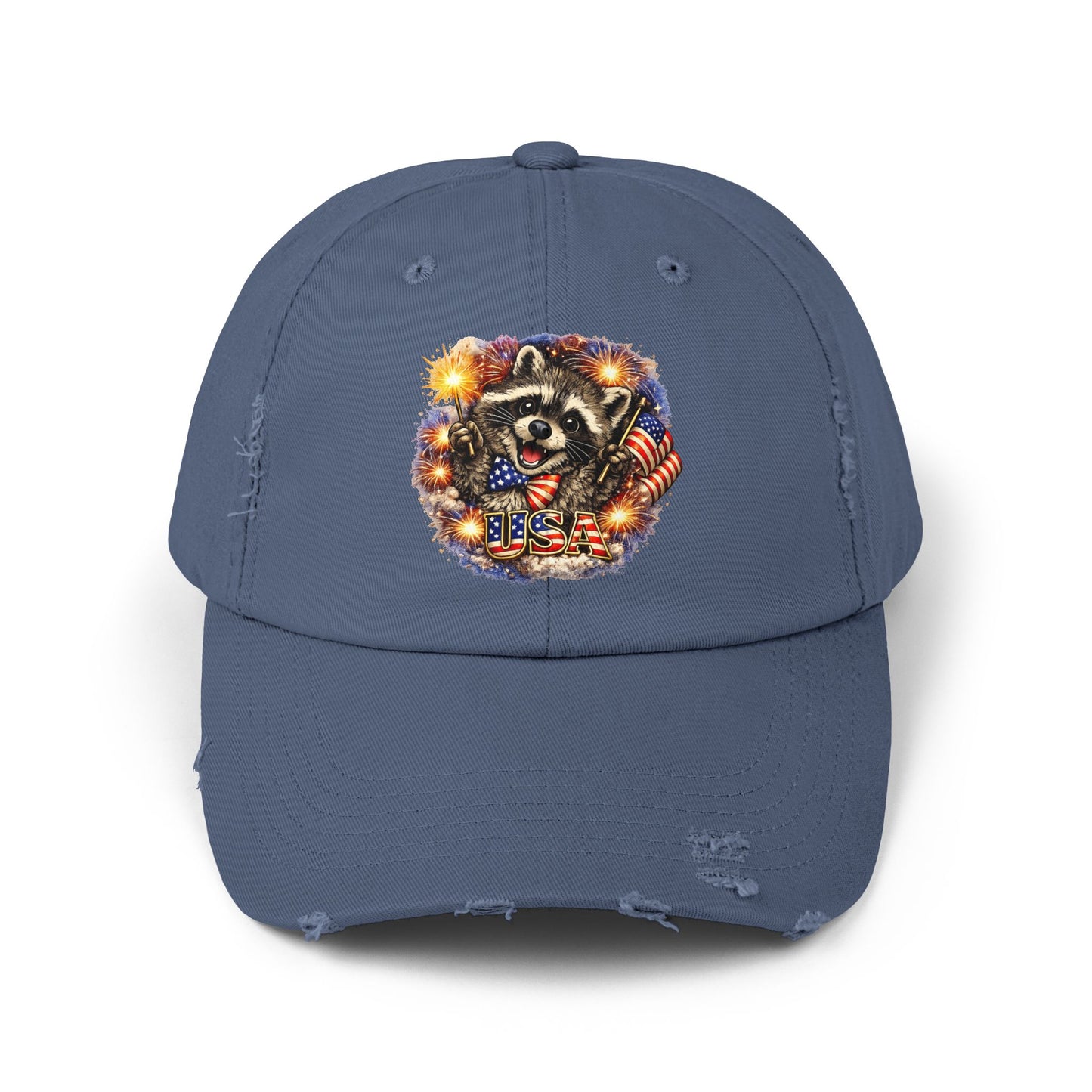 Patriotic Raccoon 250 Cap — Fireworks & Flag Distressed Baseball Hat
