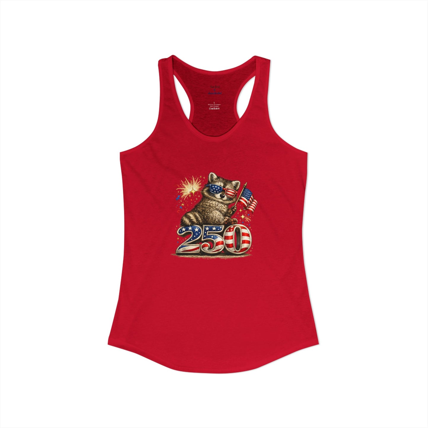 Patriotic Raccoon 4th of July Tank — Raccoon on 250 with Flag & Fireworks Racerback Tank