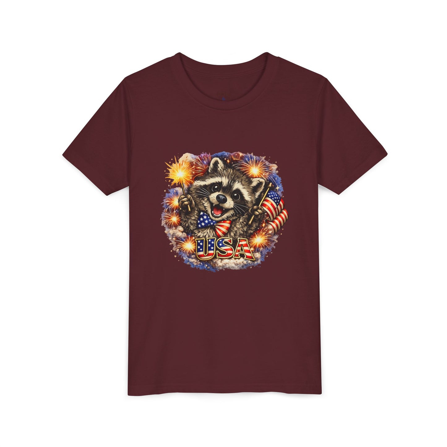 Patriotic Raccoon Youth Tee — Raccoon with American Flag & Fireworks