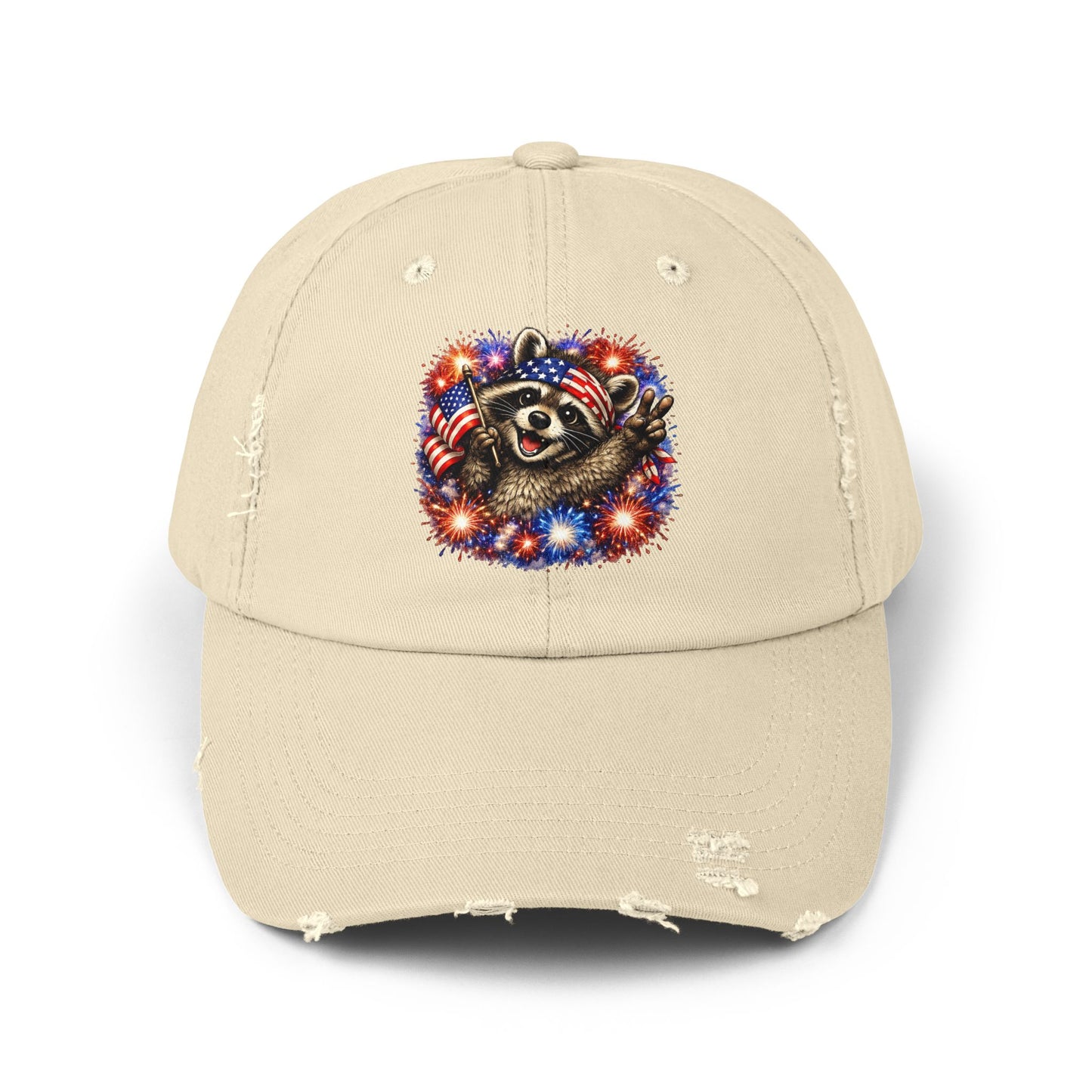 Patriotic Raccoon 250 Cap — Fireworks & Flag Distressed Baseball Hat