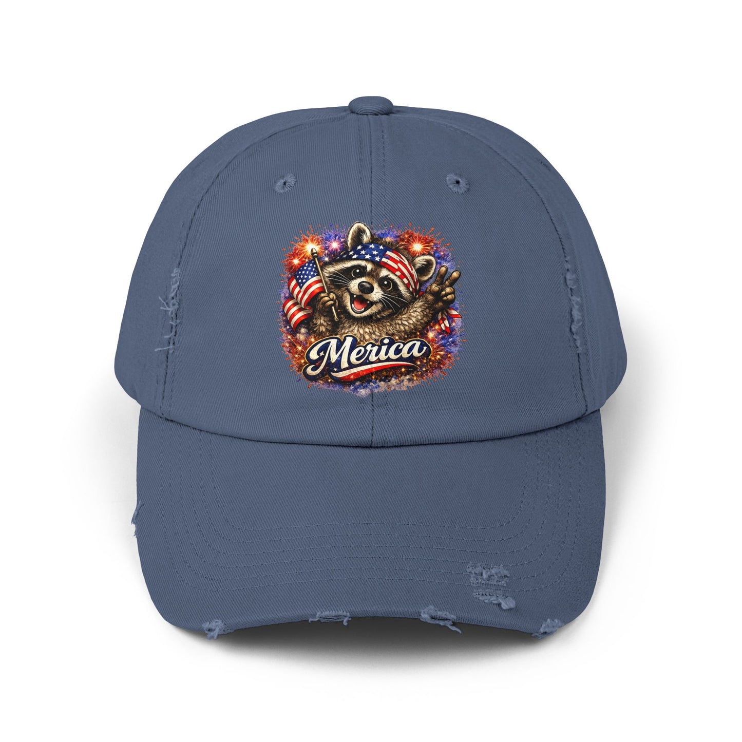 Patriotic Raccoon 250 Cap — Fireworks & Flag Distressed Baseball Hat