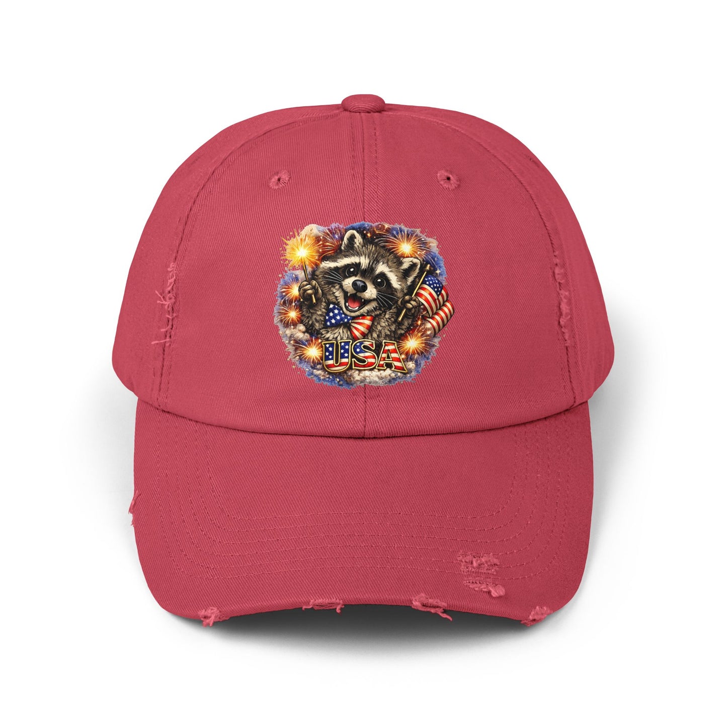 Patriotic Raccoon 250 Cap — Fireworks & Flag Distressed Baseball Hat