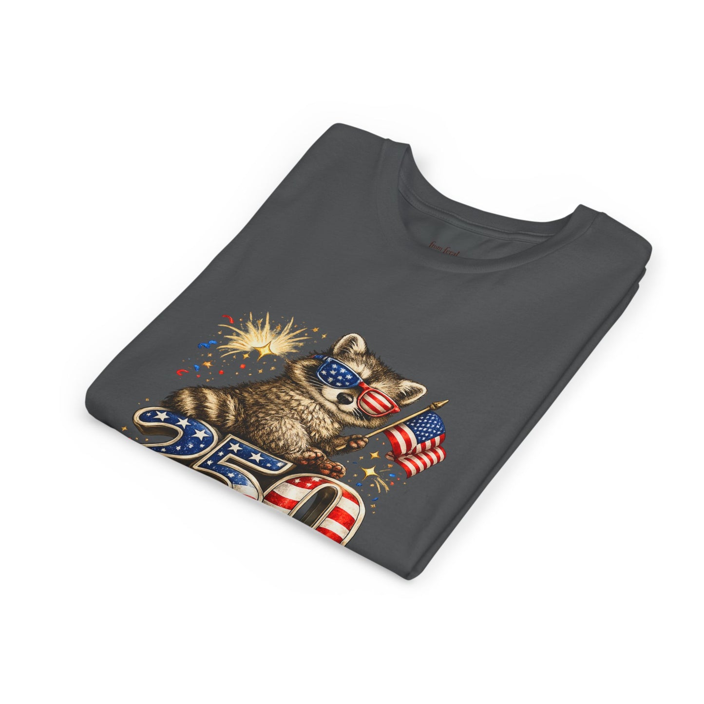 Patriotic Raccoon Youth Tee — Raccoon with American Flag & Fireworks