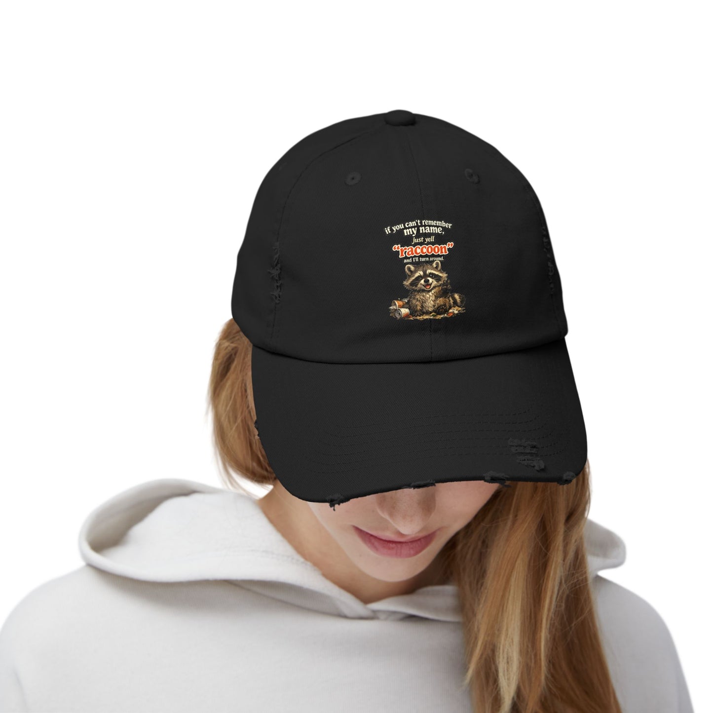Yell Raccoon Distressed Cap — Raccoon Mom/Dad Funny Dad Hat