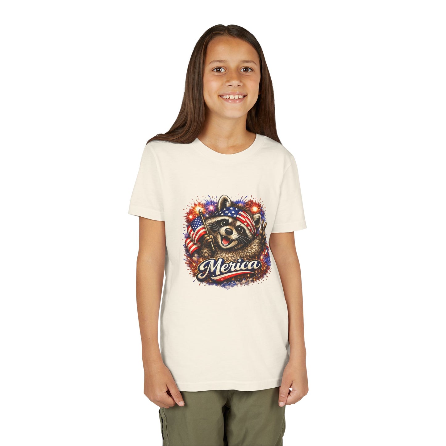 Patriotic Raccoon Youth Tee — Raccoon with American Flag & Fireworks