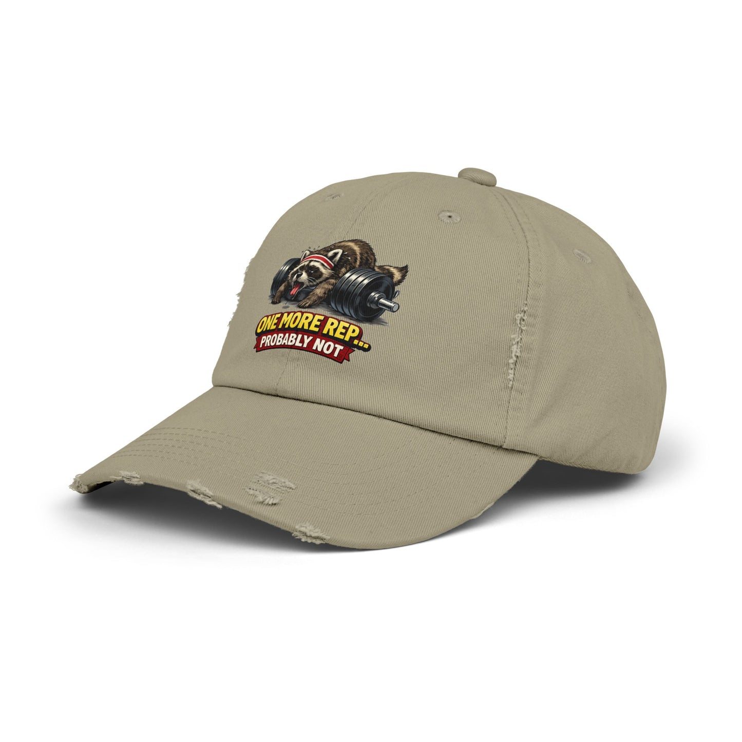 One More Rep Distressed Cap — Raccoon Mom/Dad Funny Dad Hat