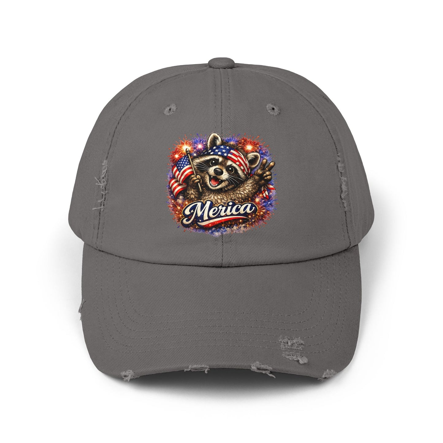 Patriotic Raccoon 250 Cap — Fireworks & Flag Distressed Baseball Hat