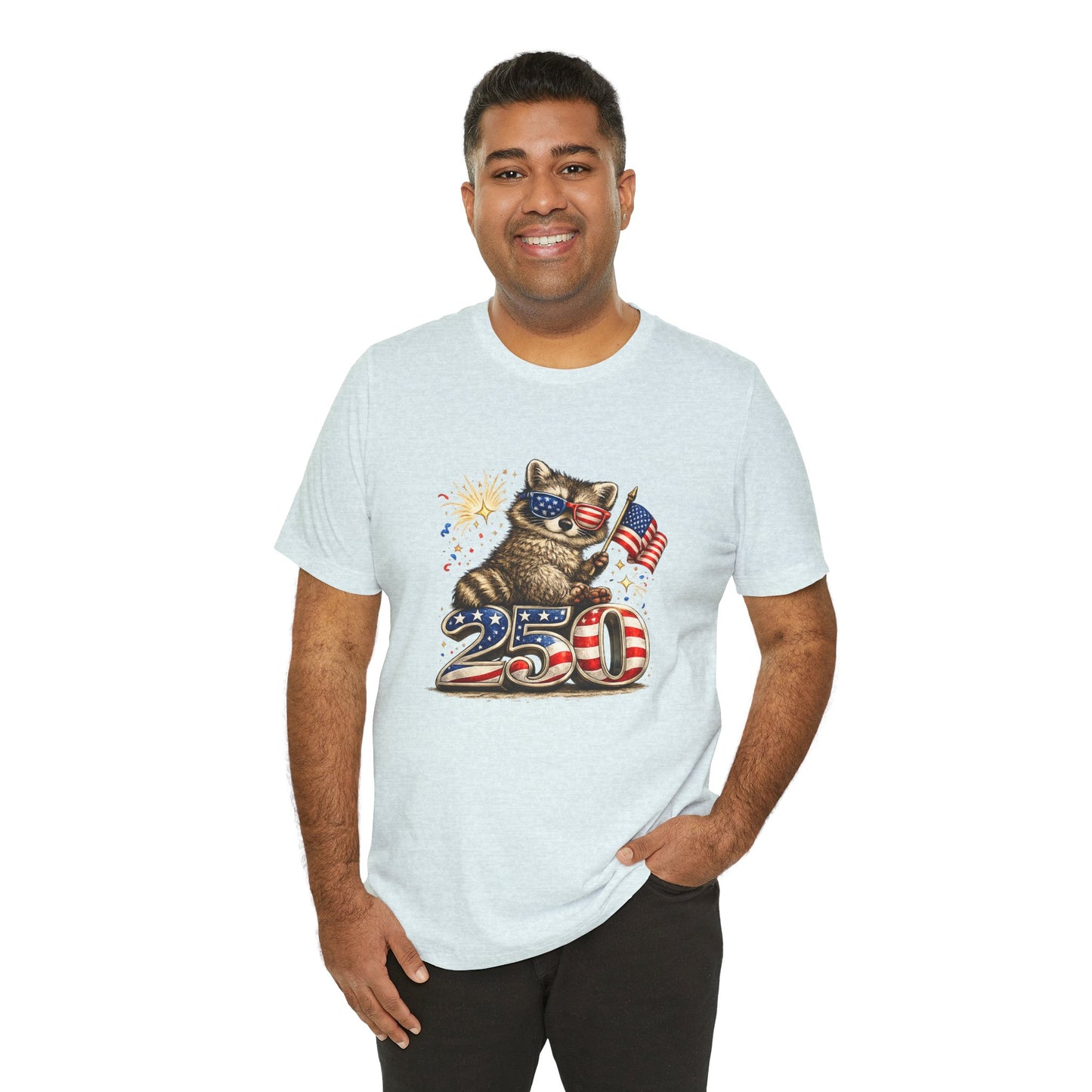 Patriot Raccoon 250th Anniversary T-Shirt — 4th of July Fireworks Flag Tee