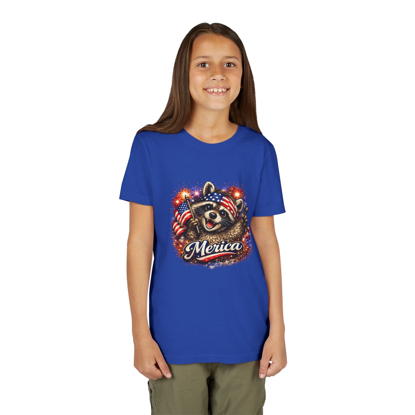Patriotic Raccoon Youth Tee — Raccoon with American Flag & Fireworks