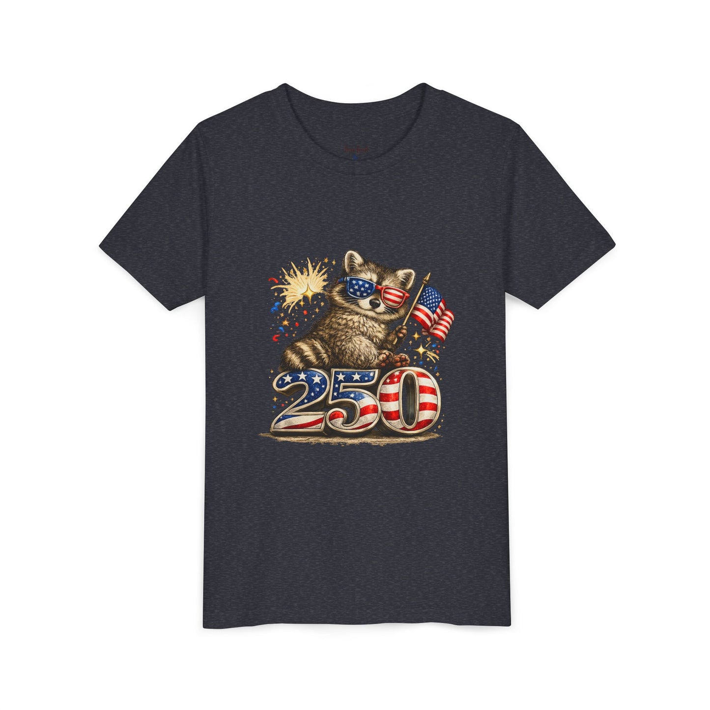 Patriotic Raccoon Youth Tee — Raccoon with American Flag & Fireworks