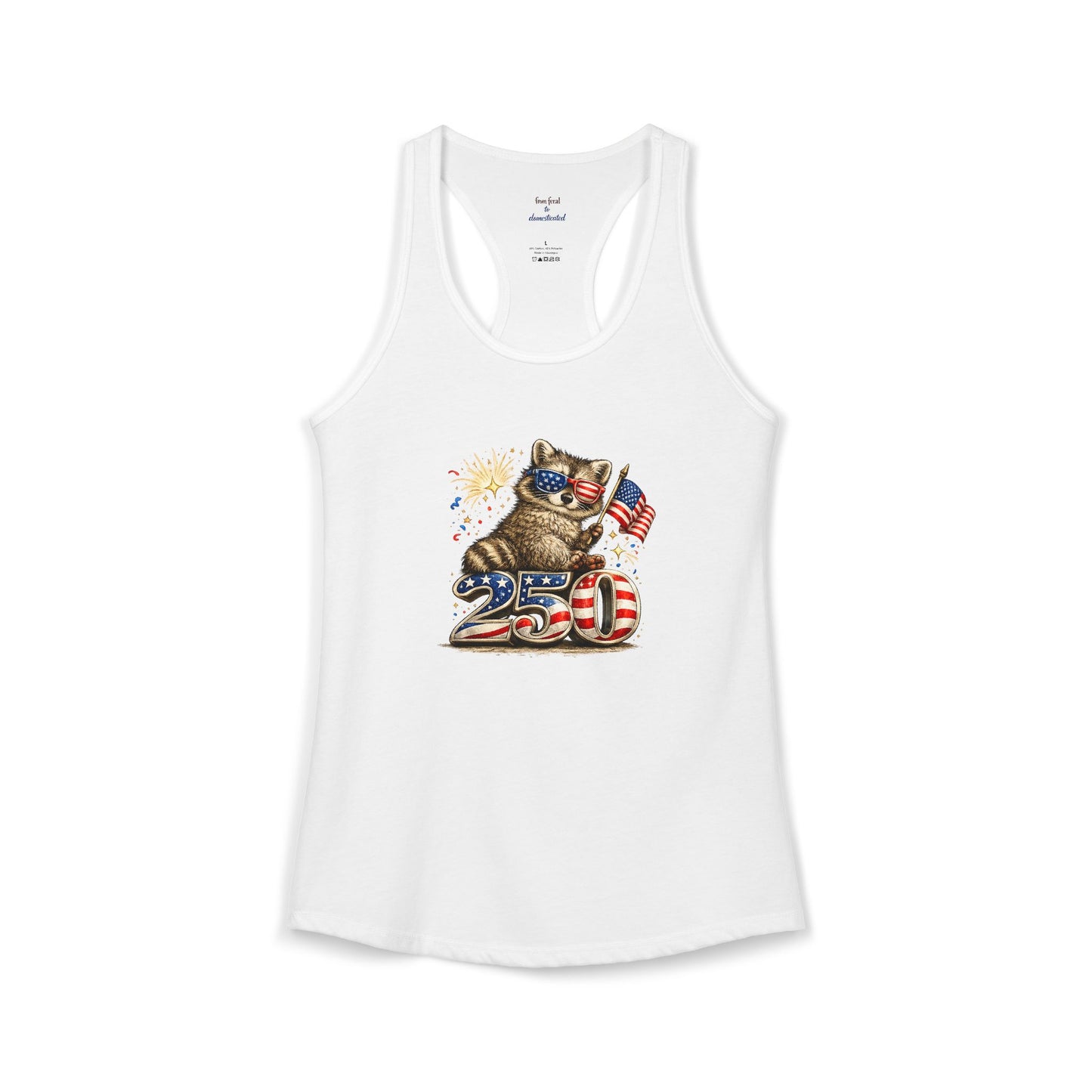 Patriotic Raccoon 4th of July Tank — Raccoon on 250 with Flag & Fireworks Racerback Tank