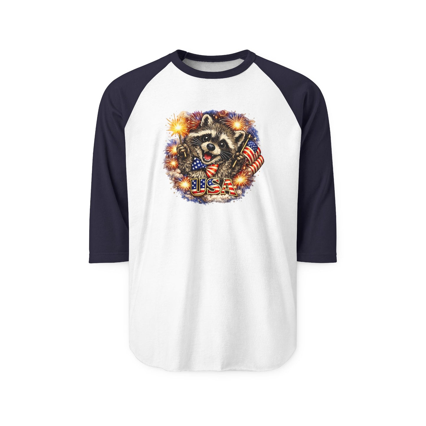 Patriotic Raccoon 250 Raglan Shirt — Fourth of July Fireworks Tee