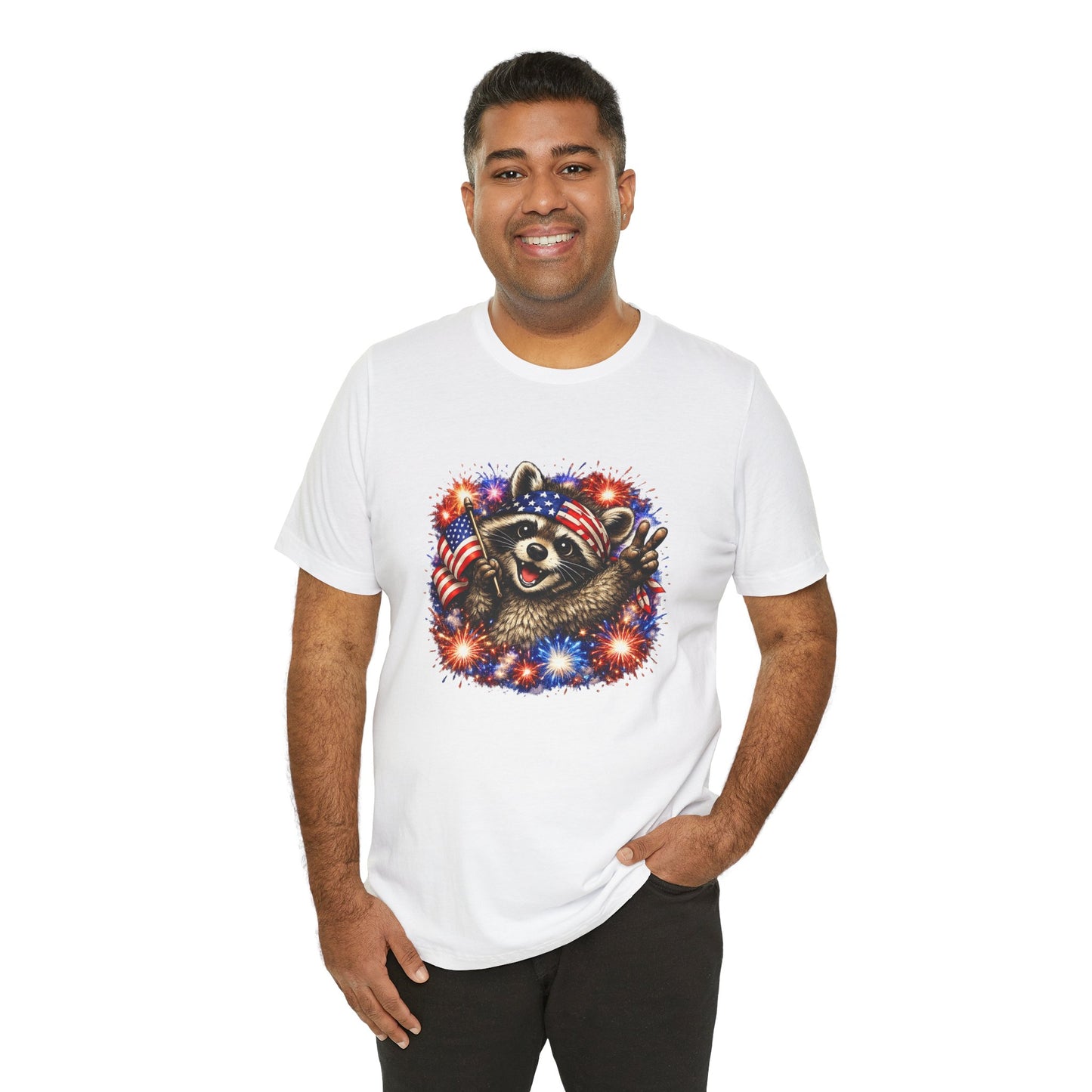 Patriot Raccoon 250th Anniversary T-Shirt — 4th of July Fireworks Flag Tee
