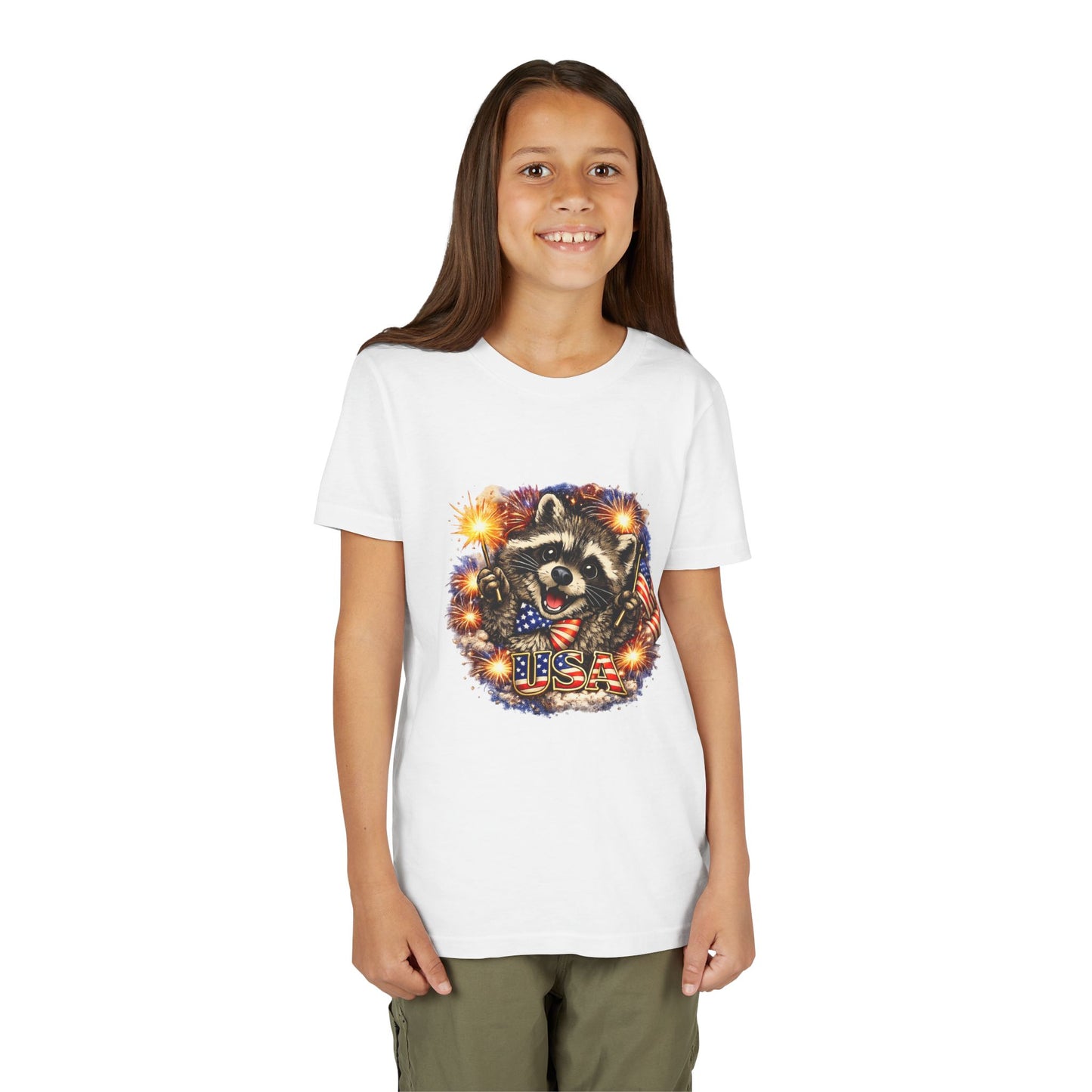 Patriotic Raccoon Youth Tee — Raccoon with American Flag & Fireworks