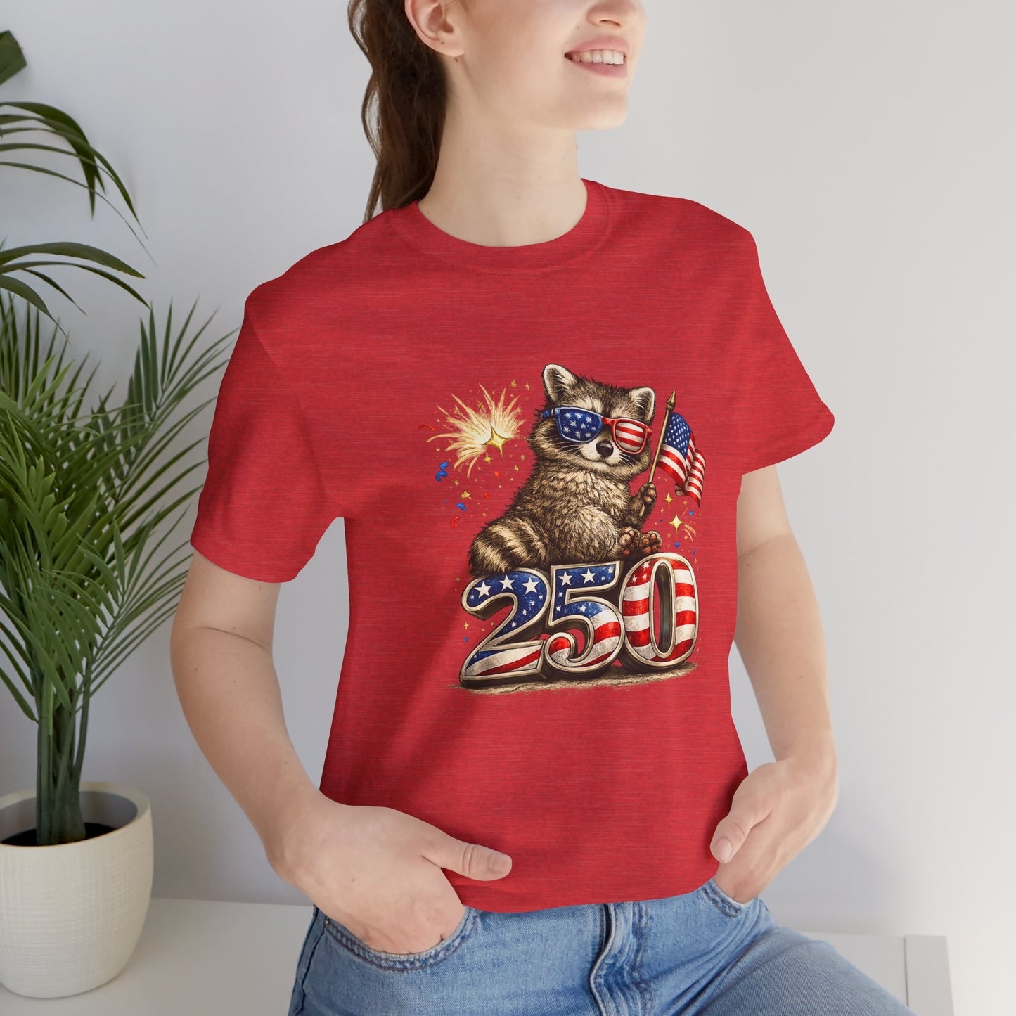 Patriot Raccoon 250th Anniversary T-Shirt — 4th of July Fireworks Flag Tee