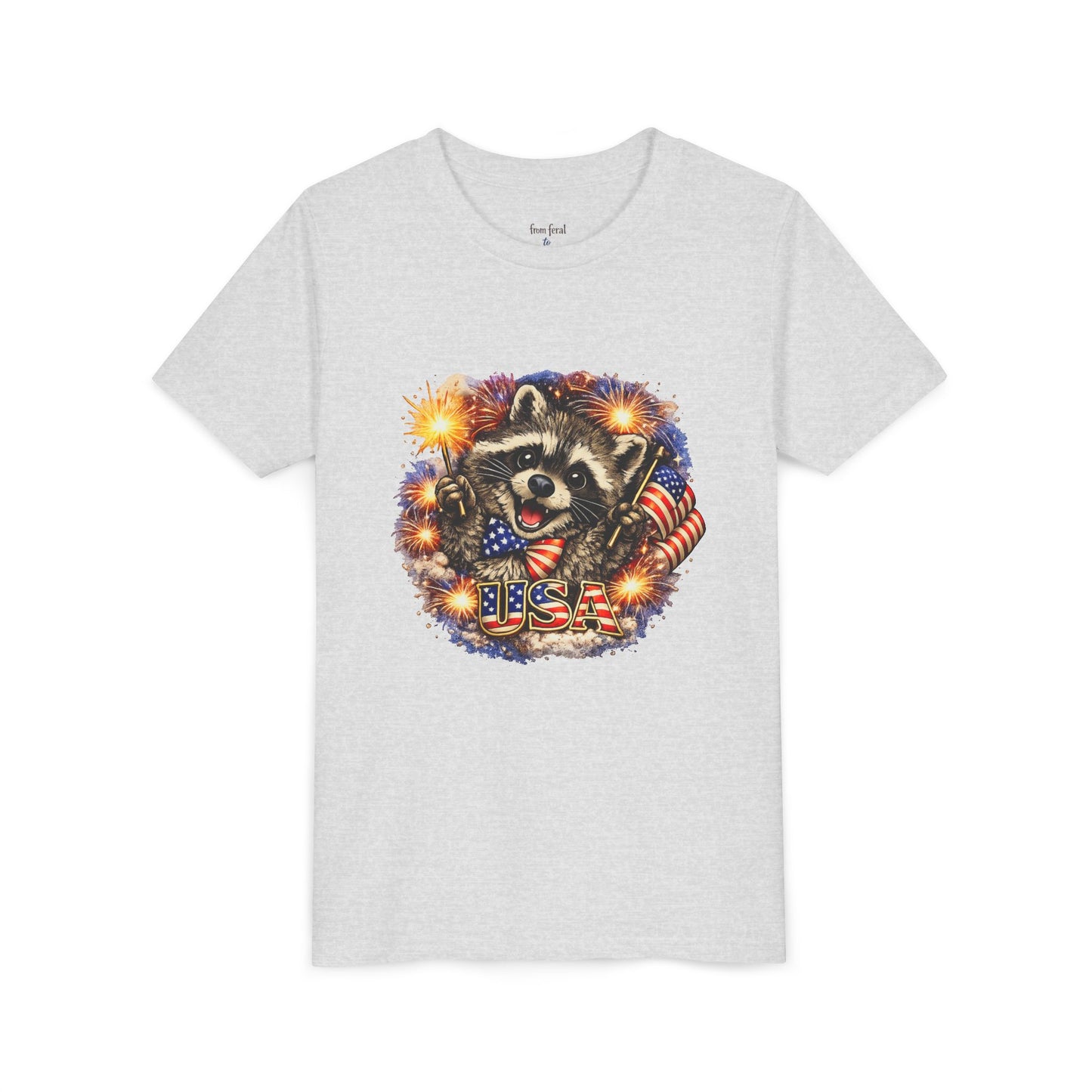 Patriotic Raccoon Youth Tee — Raccoon with American Flag & Fireworks