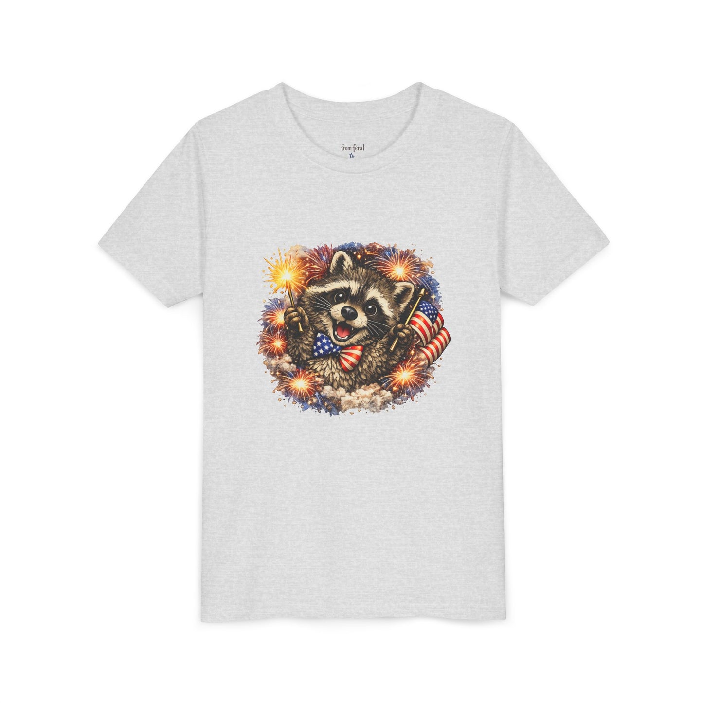 Patriotic Raccoon Youth Tee — Raccoon with American Flag & Fireworks