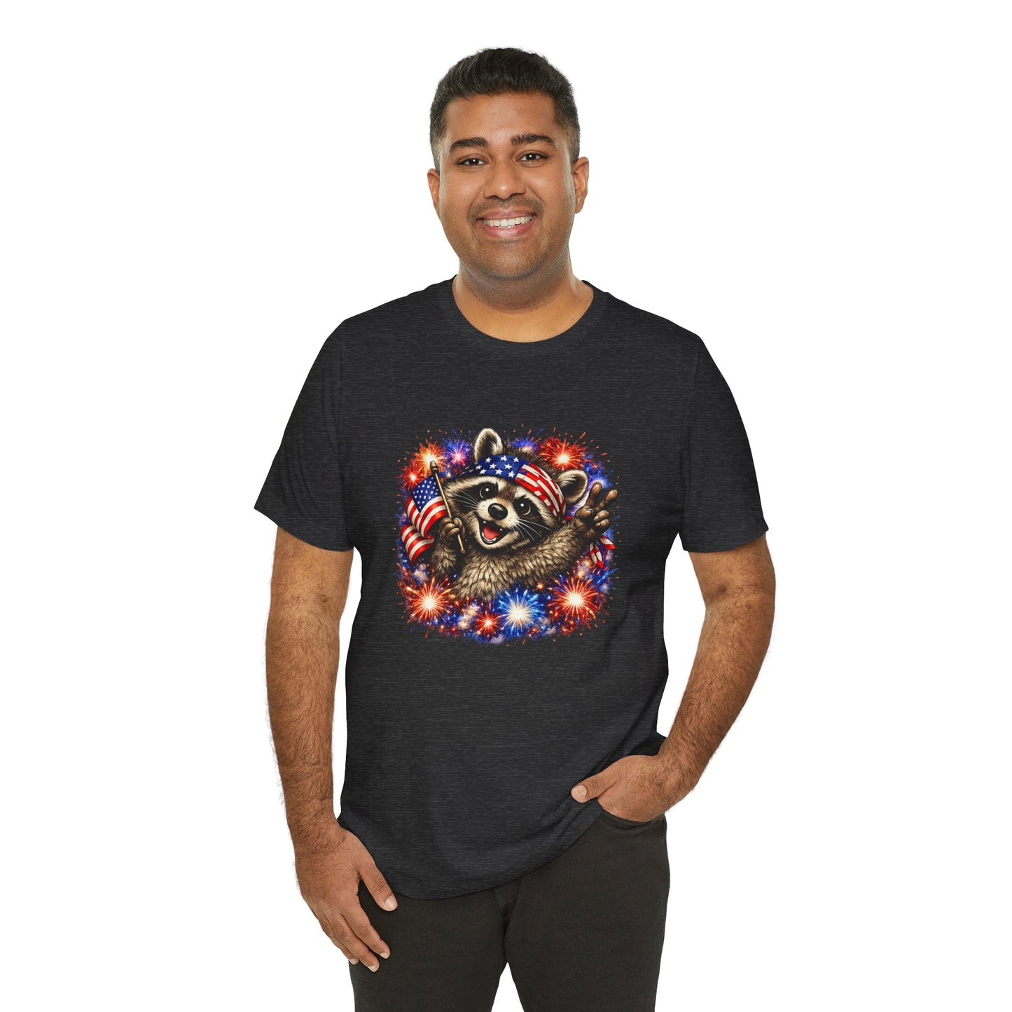 Patriot Raccoon 250th Anniversary T-Shirt — 4th of July Fireworks Flag Tee