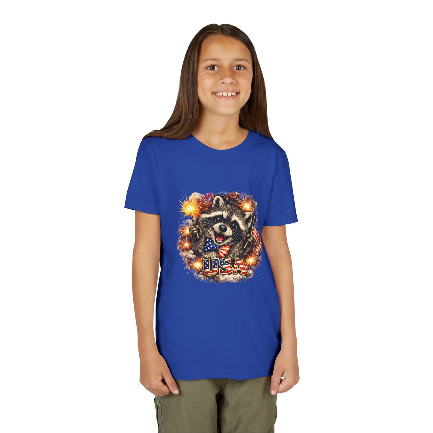Patriotic Raccoon Youth Tee — Raccoon with American Flag & Fireworks