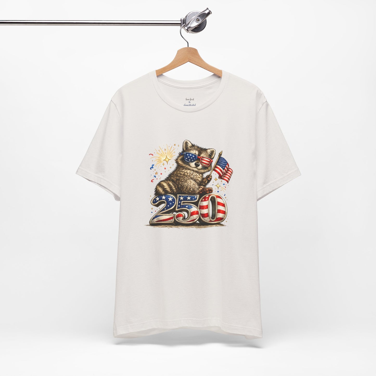 Patriot Raccoon 250th Anniversary T-Shirt — 4th of July Fireworks Flag Tee