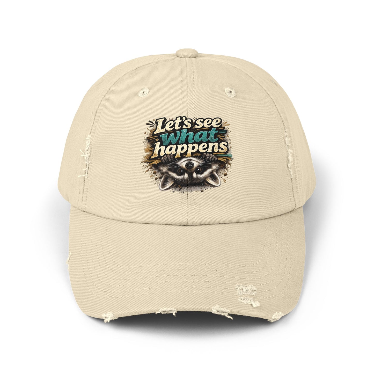 Let's See What Happens Distressed Cap — Raccoon Mom/Dad Funny Dad Hat