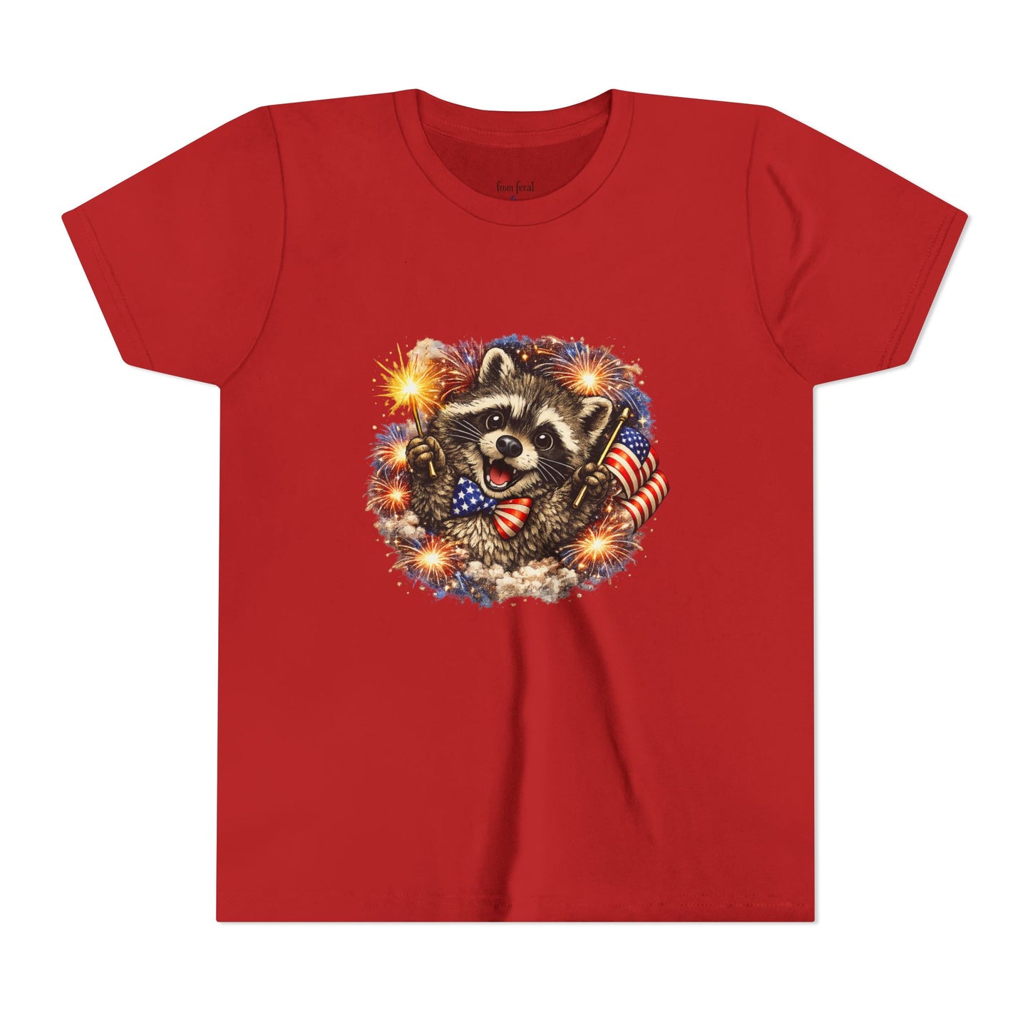 Patriotic Raccoon Youth Tee — Raccoon with American Flag & Fireworks