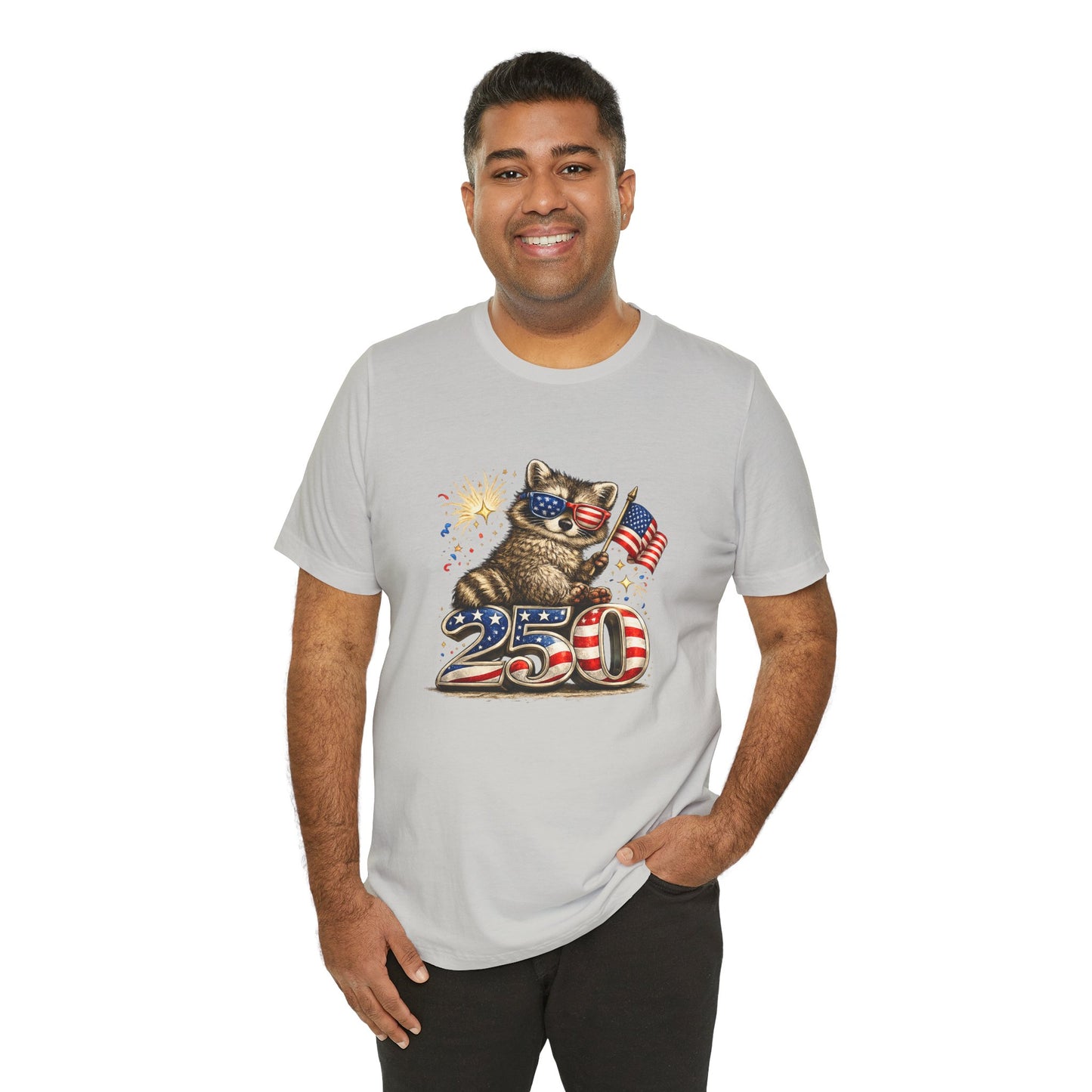 Patriot Raccoon 250th Anniversary T-Shirt — 4th of July Fireworks Flag Tee