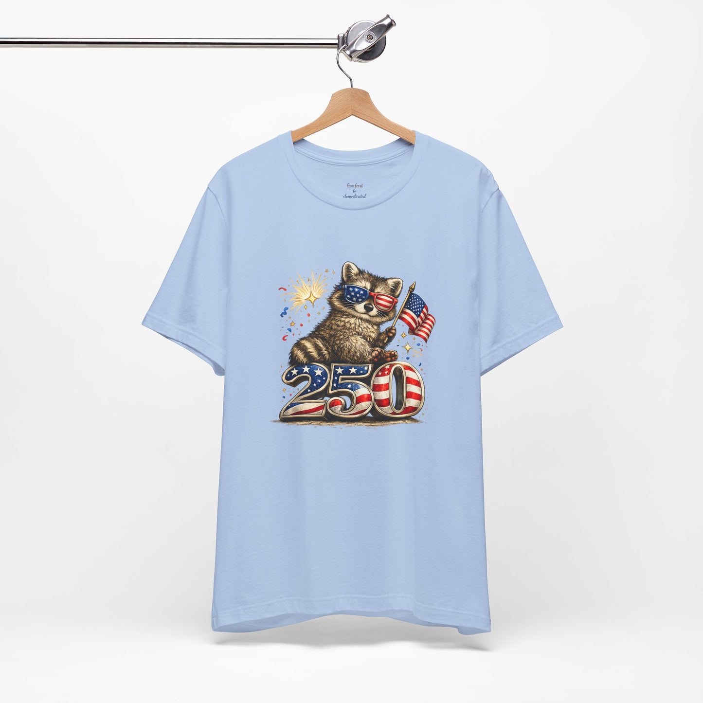 Patriot Raccoon 250th Anniversary T-Shirt — 4th of July Fireworks Flag Tee